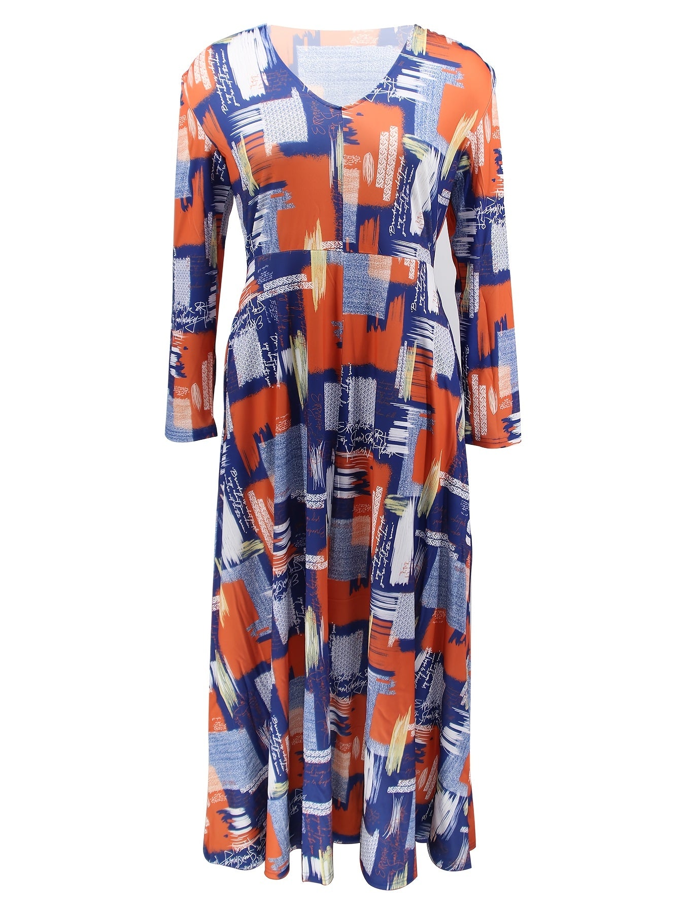  Colorblock V Neck Long Sleeve Maxi Dress Women's Plus
