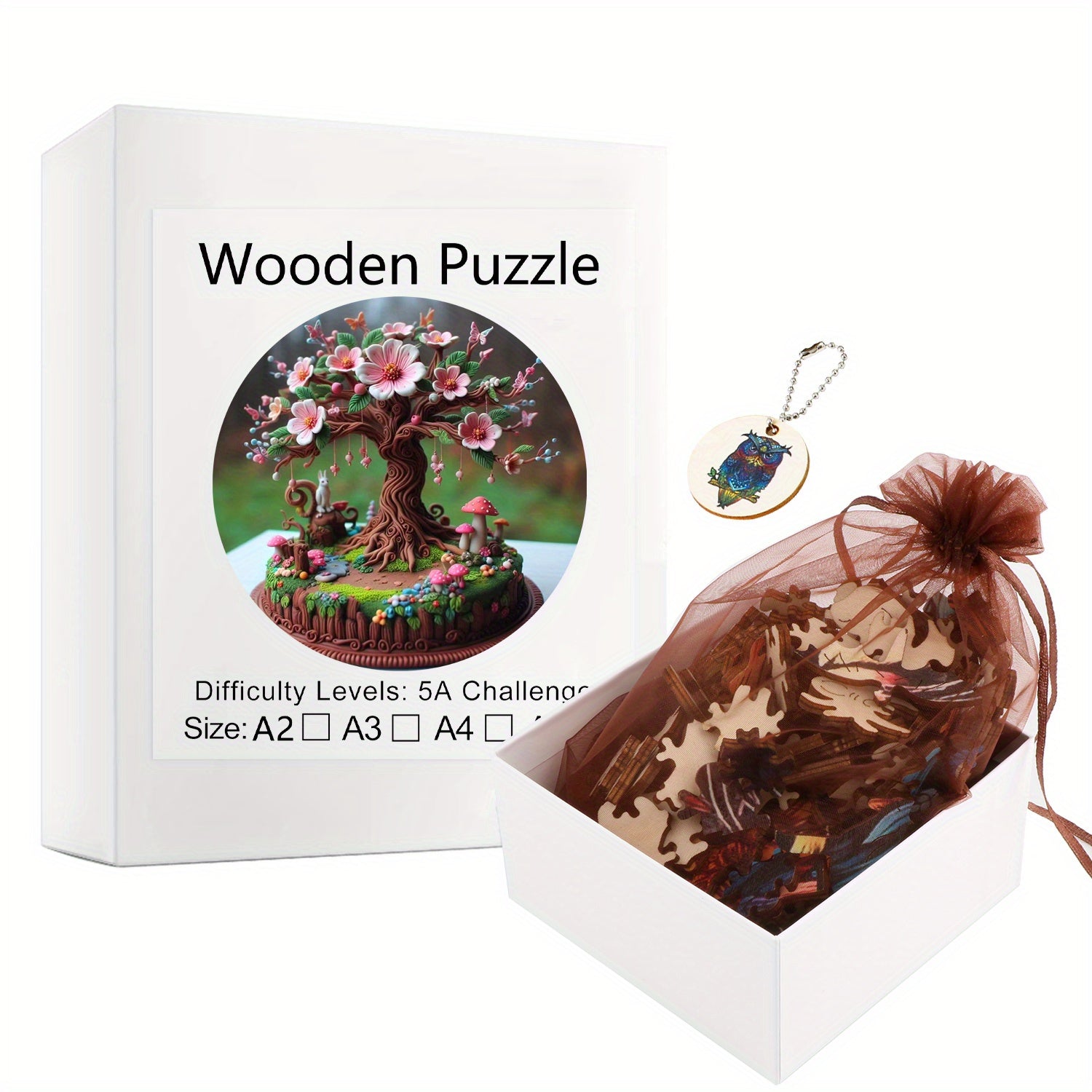 Plywood Puzzle 500 Pieces Vibrant Peach Tree with Mushrooms & Flowers