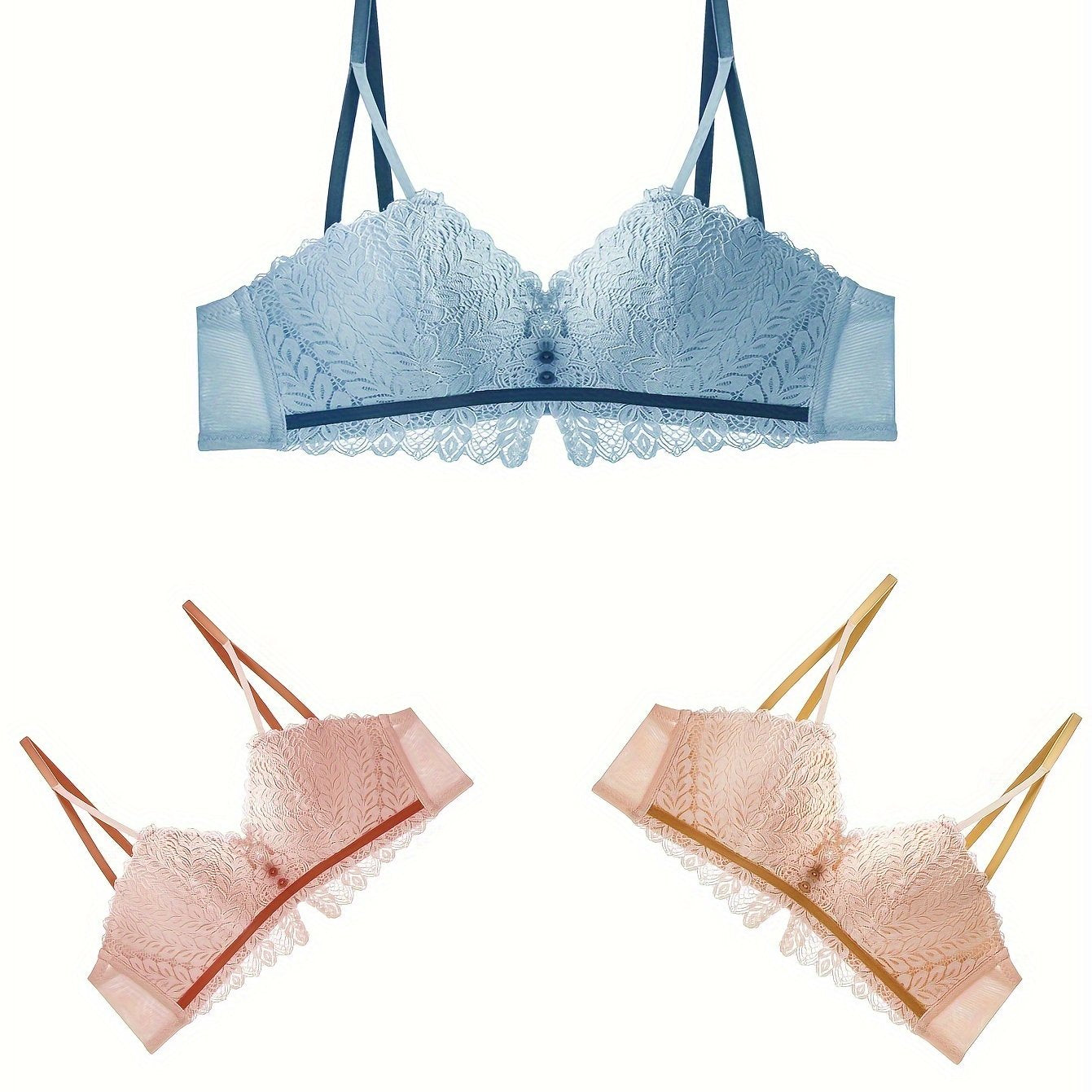 3pcs Lace Wireless Bras Push Up Comfortable & Breathable Women's Underwear