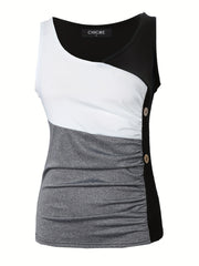 Colorblock Button Decor Tank Top V Neck Sleeveless Top