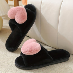 Plush Lined Heart Decor Slippers, Open Toe, Comfortable Indoor Shoes