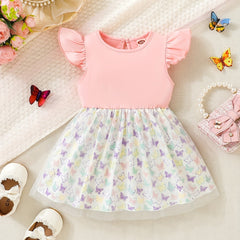 Toddler Baby Flutter Sleeve Butterflies Print Pleated Dress