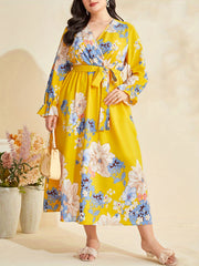  Floral Print Lantern Sleeve Dress With Belt
