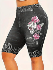  Floral & Skull Print Denim Shorts, Medium Stretch Skinny Fit