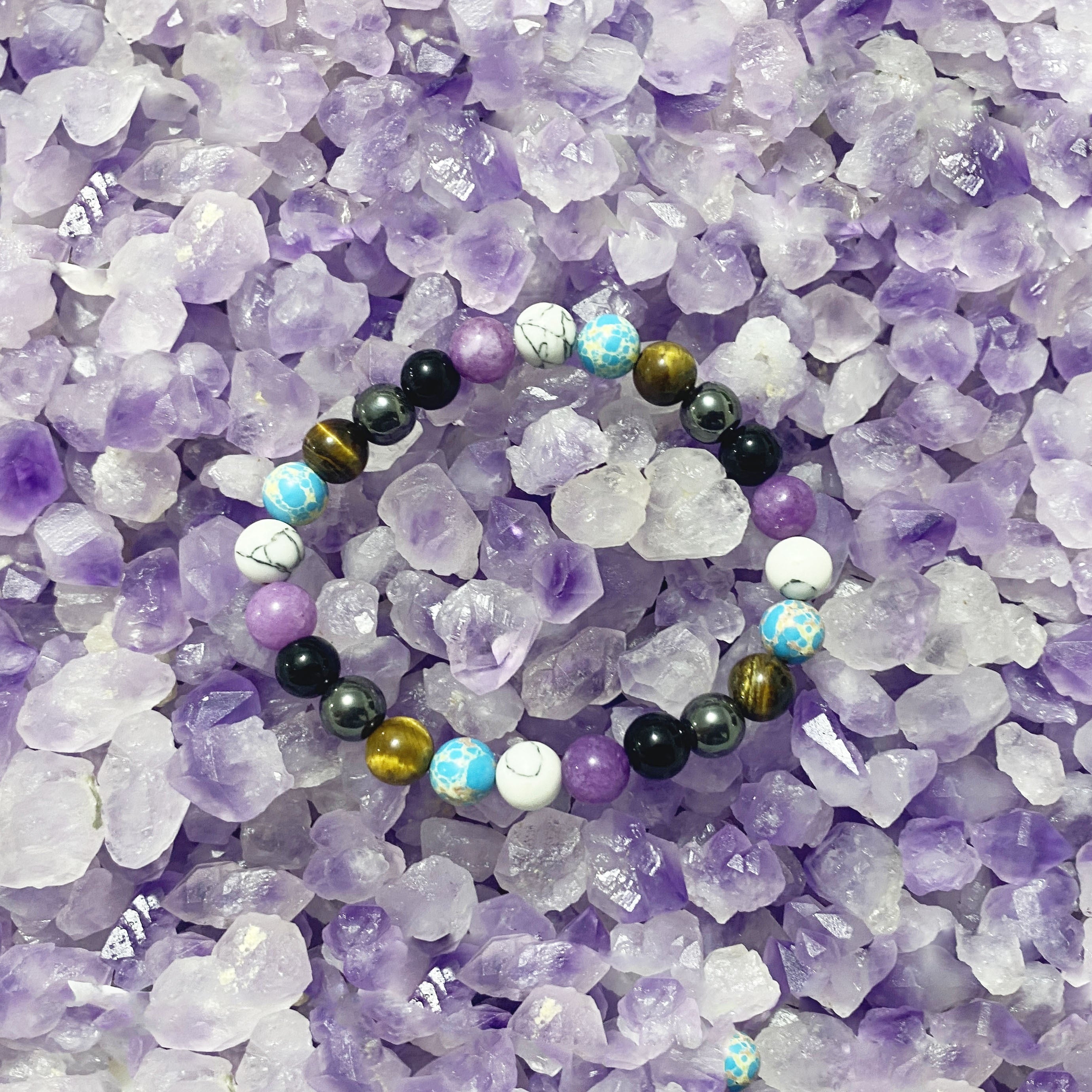 Amethyst Pine Stone Mixed Round Bead Bracelet Meditation