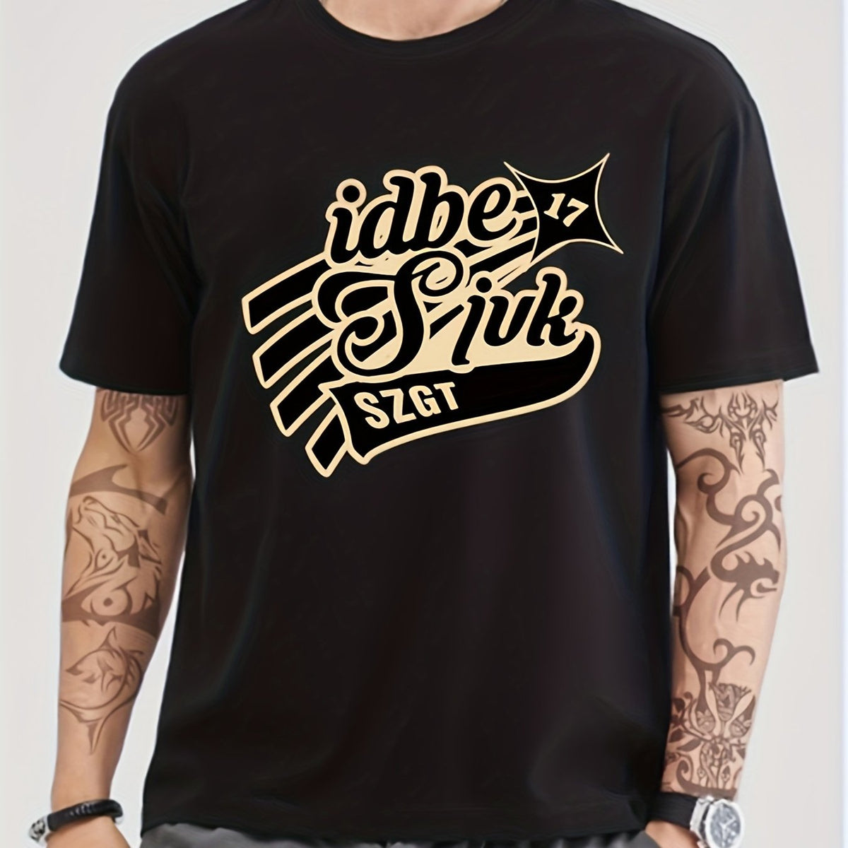 Solid Cotton Retro Letter Print Men's Graphic Crew Neck T shirt