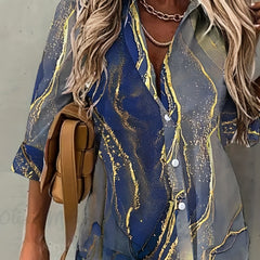  Marble Print Long Sleeve Button Up Shirt
