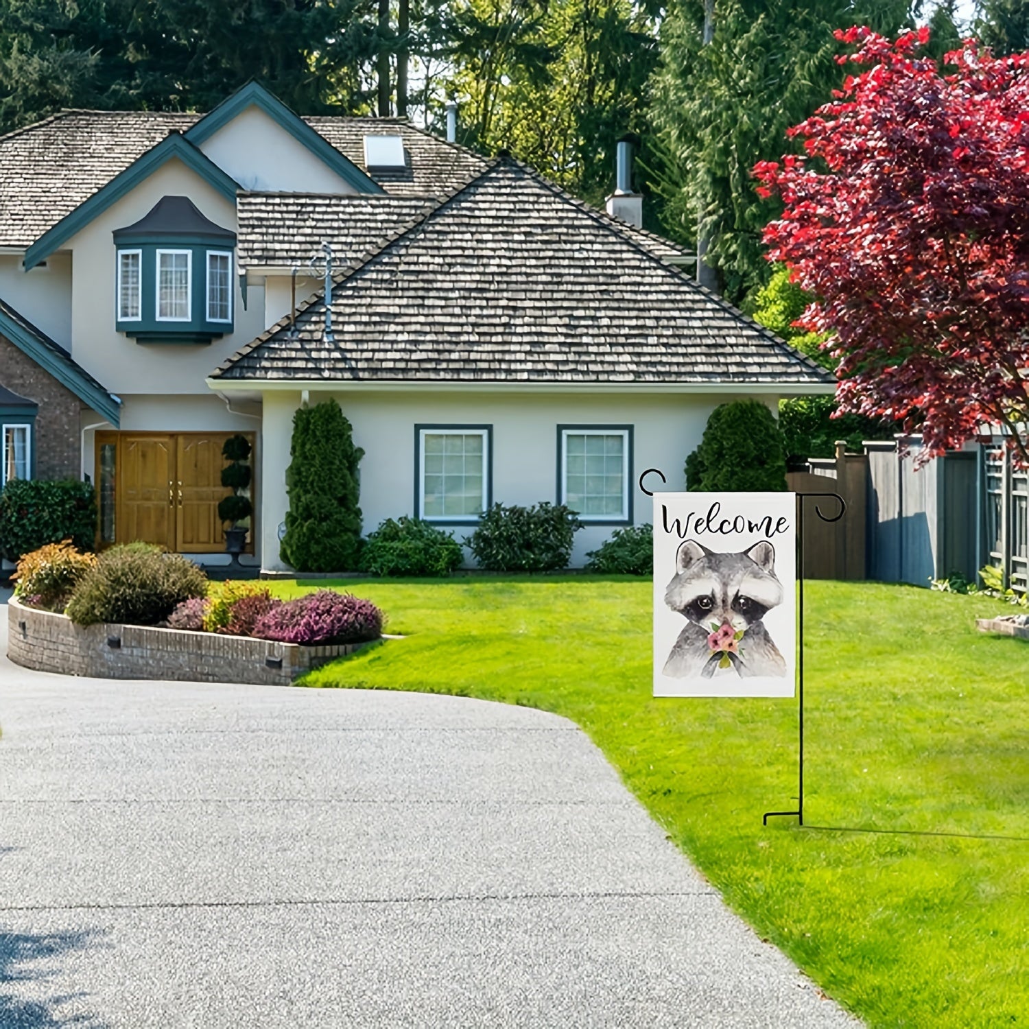 Raccoon With Flowers Garden Flags Spring Double Sided Polyester Yard Flag