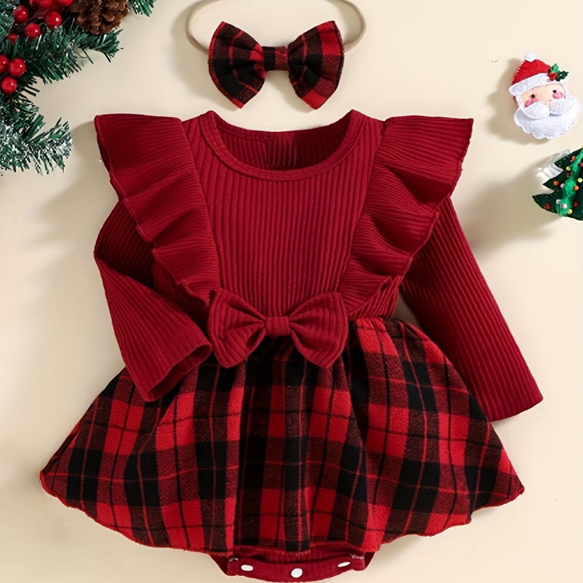 2pcs Baby Girls Christmas Plaid Stitching Skirt Romper Set