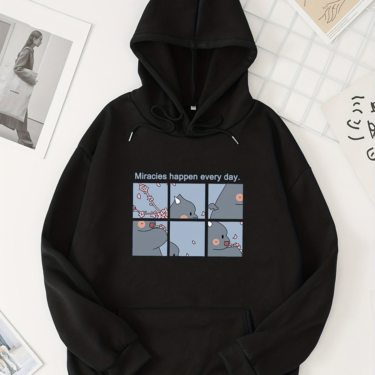 Graphic Print Kangaroo Pocket Hoodie Women's Clothing