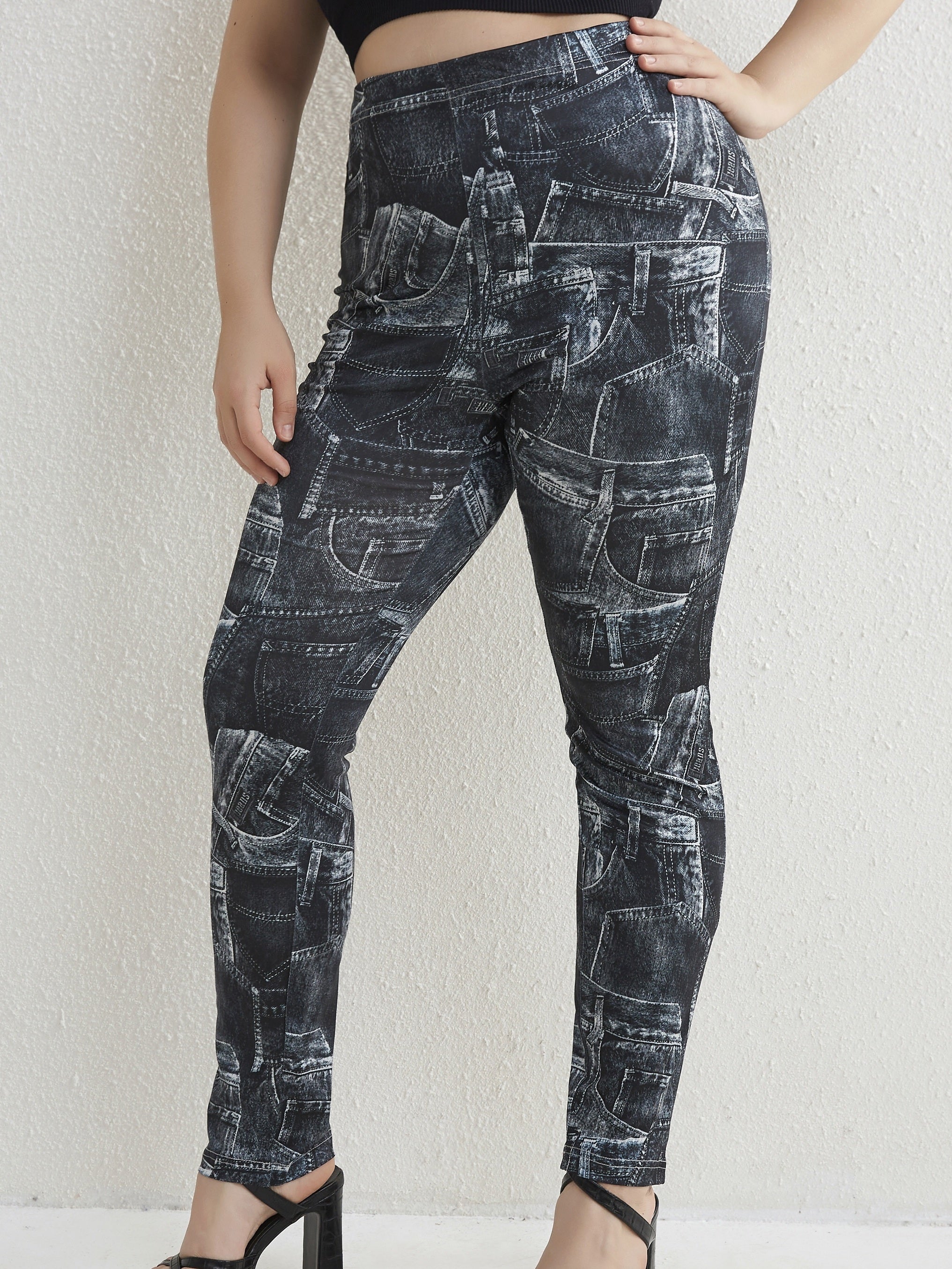  Colorblock Denim Print Stretch Leggings