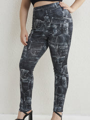  Colorblock Denim Print Stretch Leggings