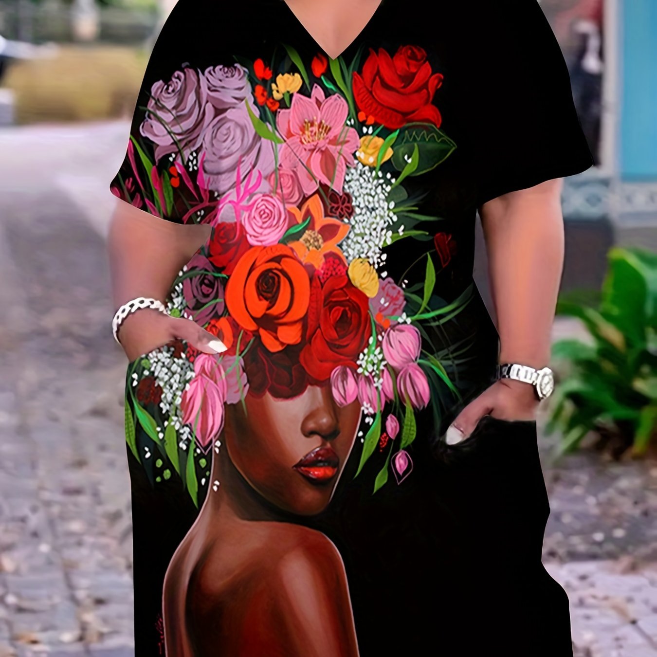  Casual Dress Women's Figure & Floral Print V Neck Dress