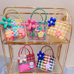 Colorful Plastic Braided Handbag with Flower Decor