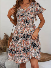  Boho Dress Women's Plus Paisley Print Flare Sleeve V Neck Knee Length