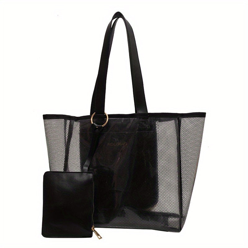 Solid Mesh Tote Bag Large Capacity Shoulder Bag With Purse All Match Beach Bag