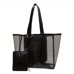 Solid Mesh Tote Bag Large Capacity Shoulder Bag With Purse All Match Beach Bag