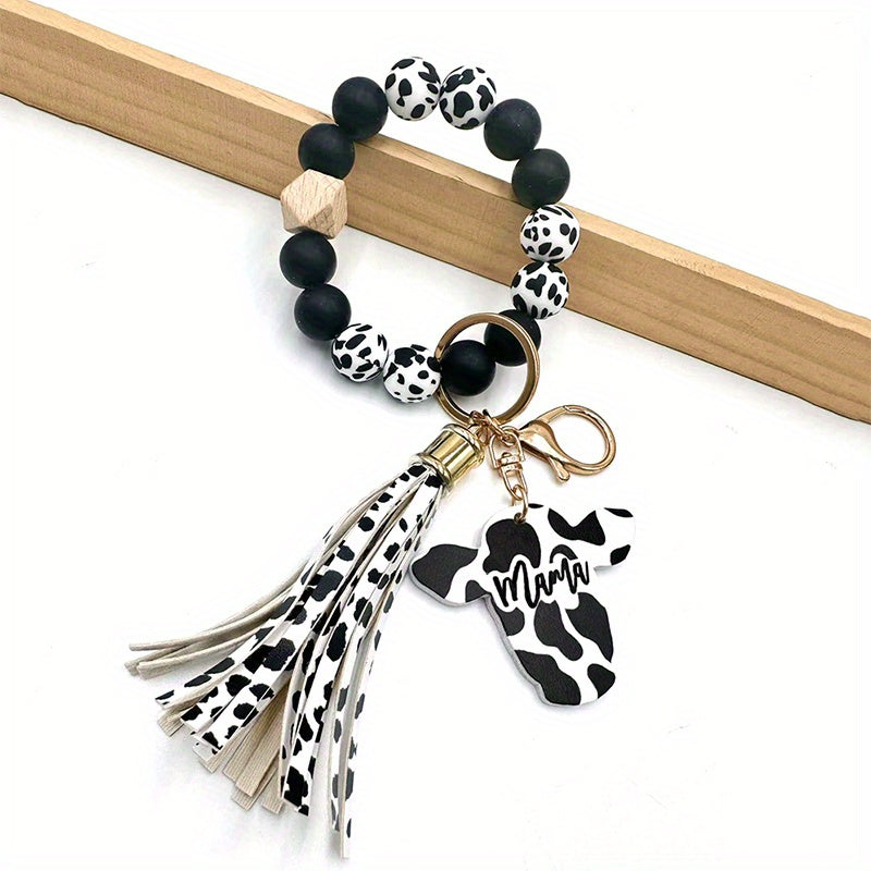Cow Tassel Charm Beaded Bracelet Keychain Bag Car Key Chain Pendant