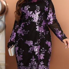  Floral Sequin Mesh Sleeve Party Dress