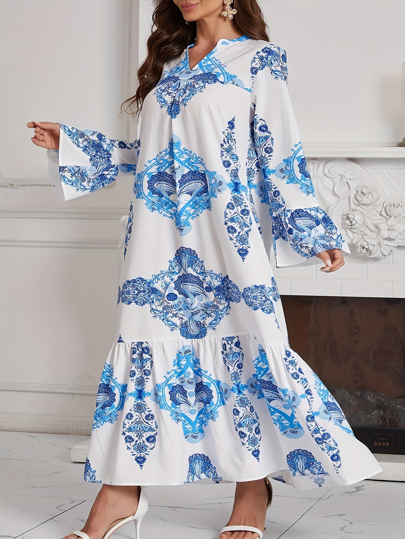  Casual Kaftan Dress Women's Plus Floral Print Bell Sleeve Maxi Dress