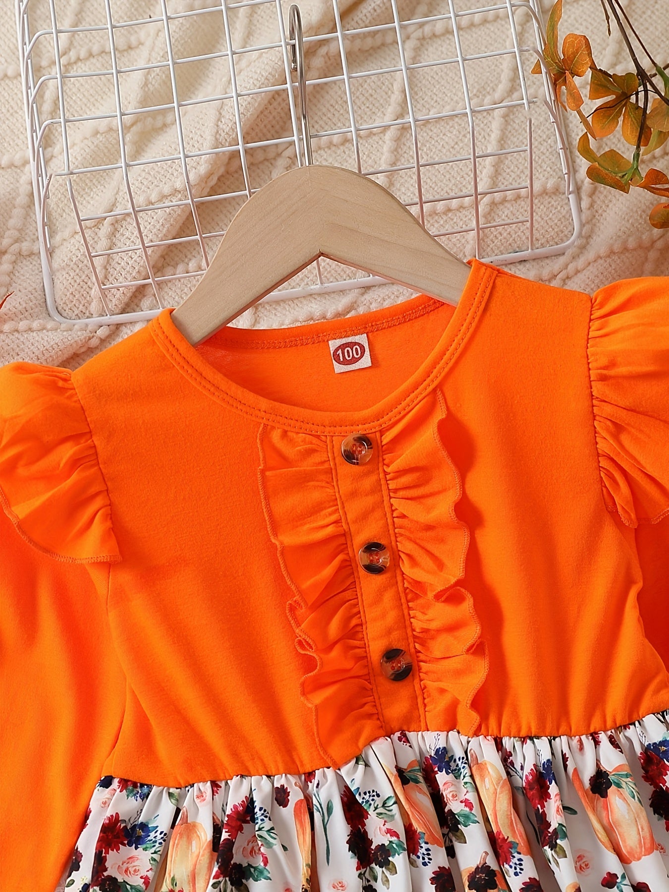 Pumpkin & Flowers Dress with Ruffle Trims Long Sleeves