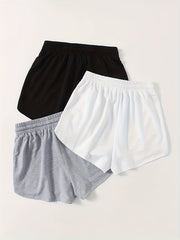 3pcs Solid Lounge Bottoms Elastic Waistband Shorts Womens Loungewear