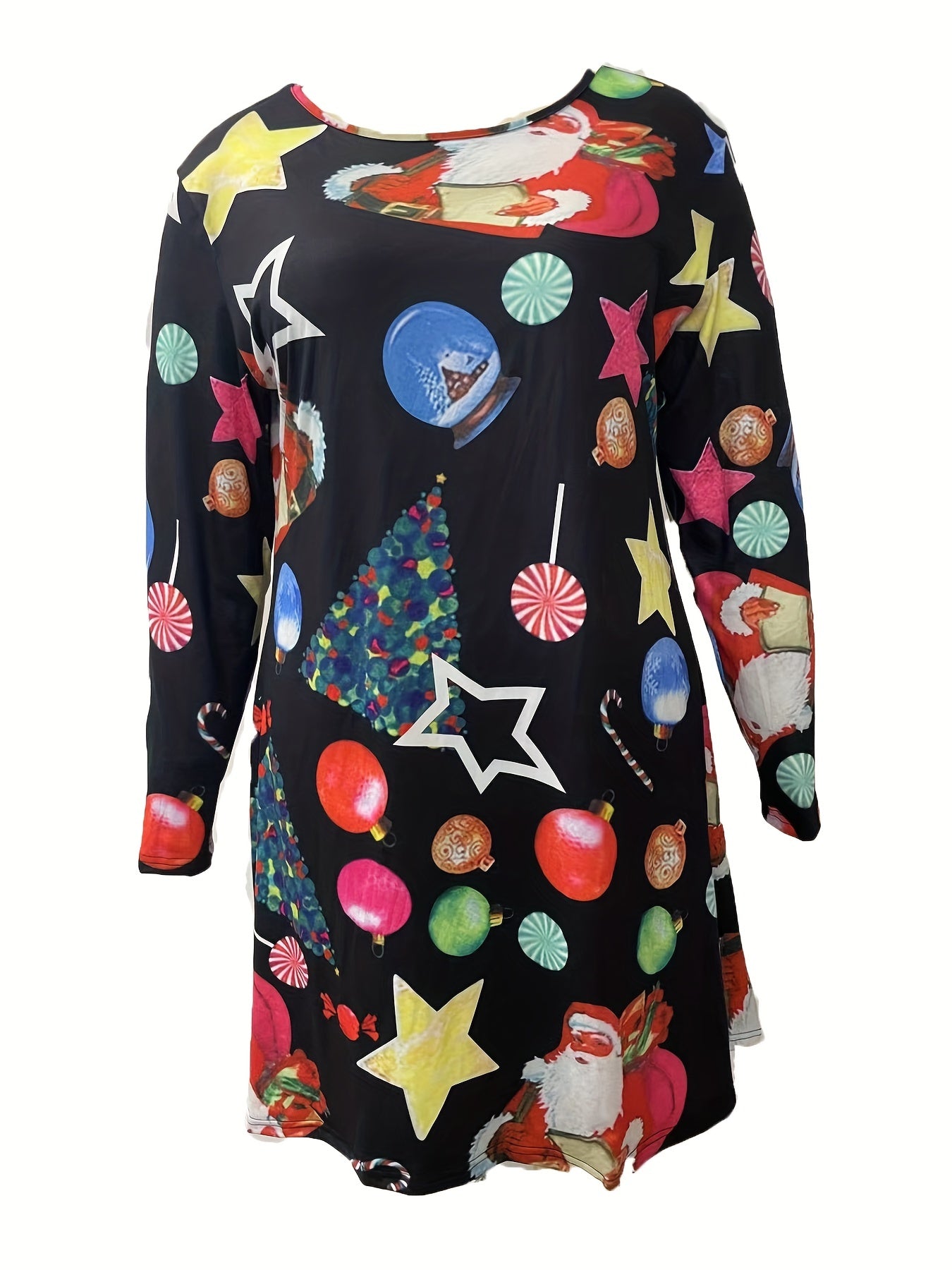 Christmas Dress Women's Plus Santa Claus Print Long Sleeve Round Neck
