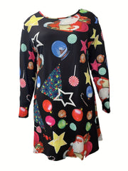  Christmas Dress Women's Plus Santa Claus Print Long Sleeve Round Neck