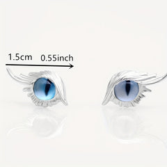 Cat Eye Stud Earrings w/ Feather 2pcs Pair