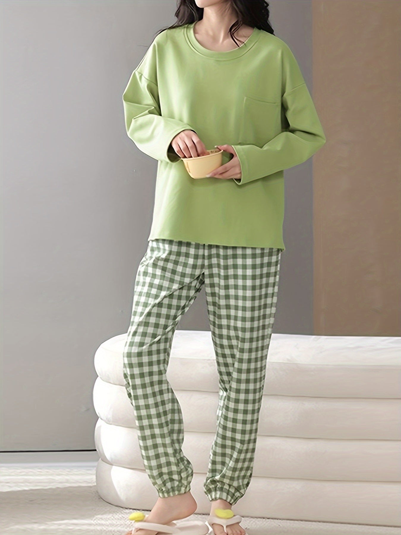 Plaid Print Pajama Set Long Sleeve Crew Neck Top & Elastic Waistband Pants