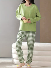 Plaid Print Pajama Set Long Sleeve Crew Neck Top & Elastic Waistband Pants