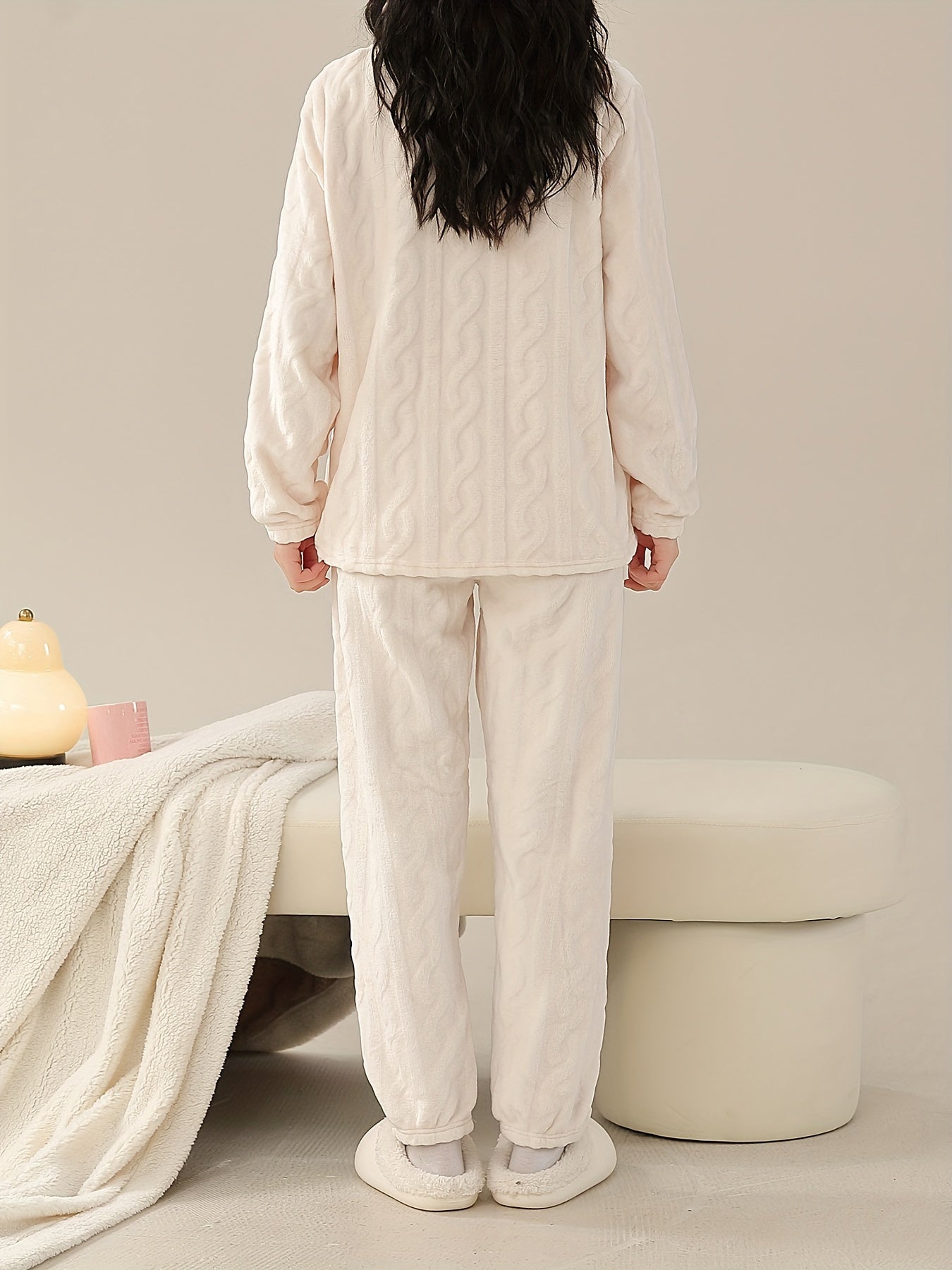 Cozy Fuzzy Pajama Set Long Sleeve Crew Neck Top & Elastic Waistband Pants