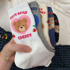 5 Pairs Cartoon Bear Print Socks Soft Mid Tube Women's Stockings