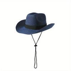 Unisex Western Cowboy Straw Hat Rolled Brim Sunscreen Sun Hat