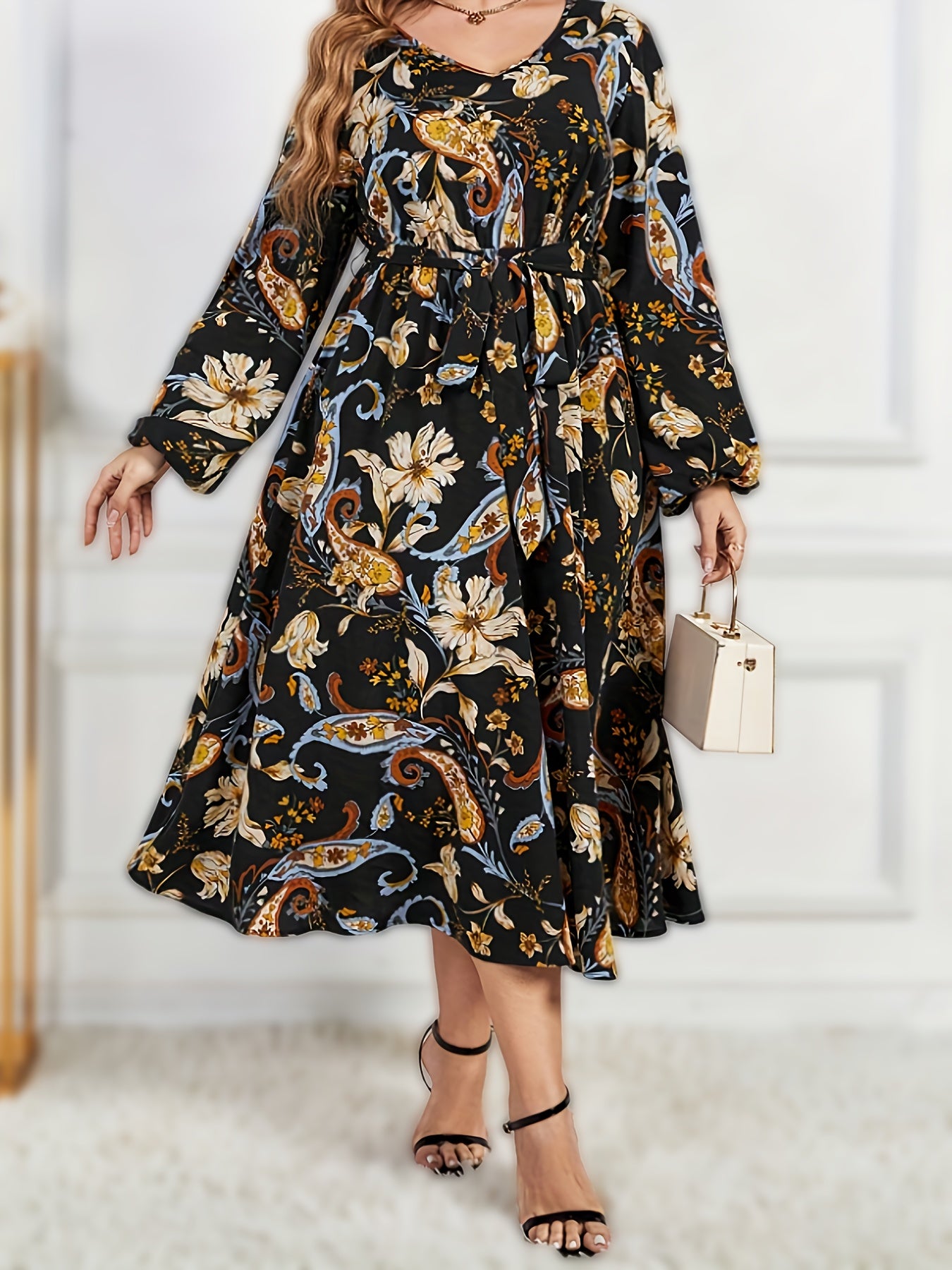  Paisley Print Long Sleeve V Neck Midi Dress With Belt