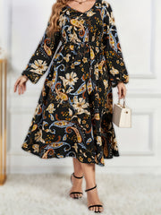  Paisley Print Long Sleeve V Neck Midi Dress With Belt
