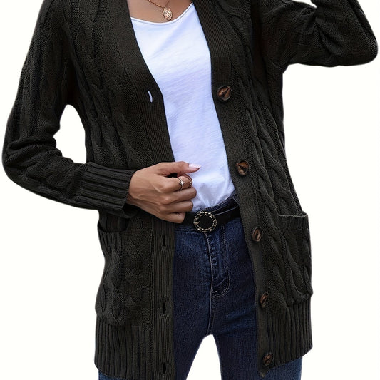  Cable Knit Button Up Cardigan with Pockets