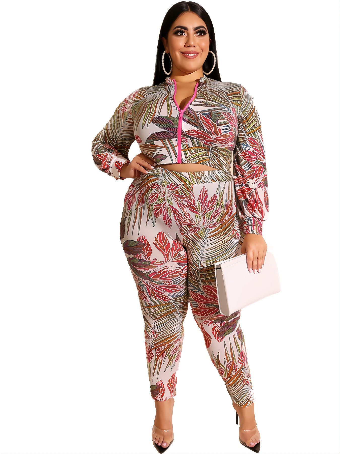 Tropical Print Zipper Front Jacket & Legging Set