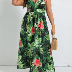  Boho Dress Women's Plus Tropical Print V Neck Nipped Waist Pleated Cam