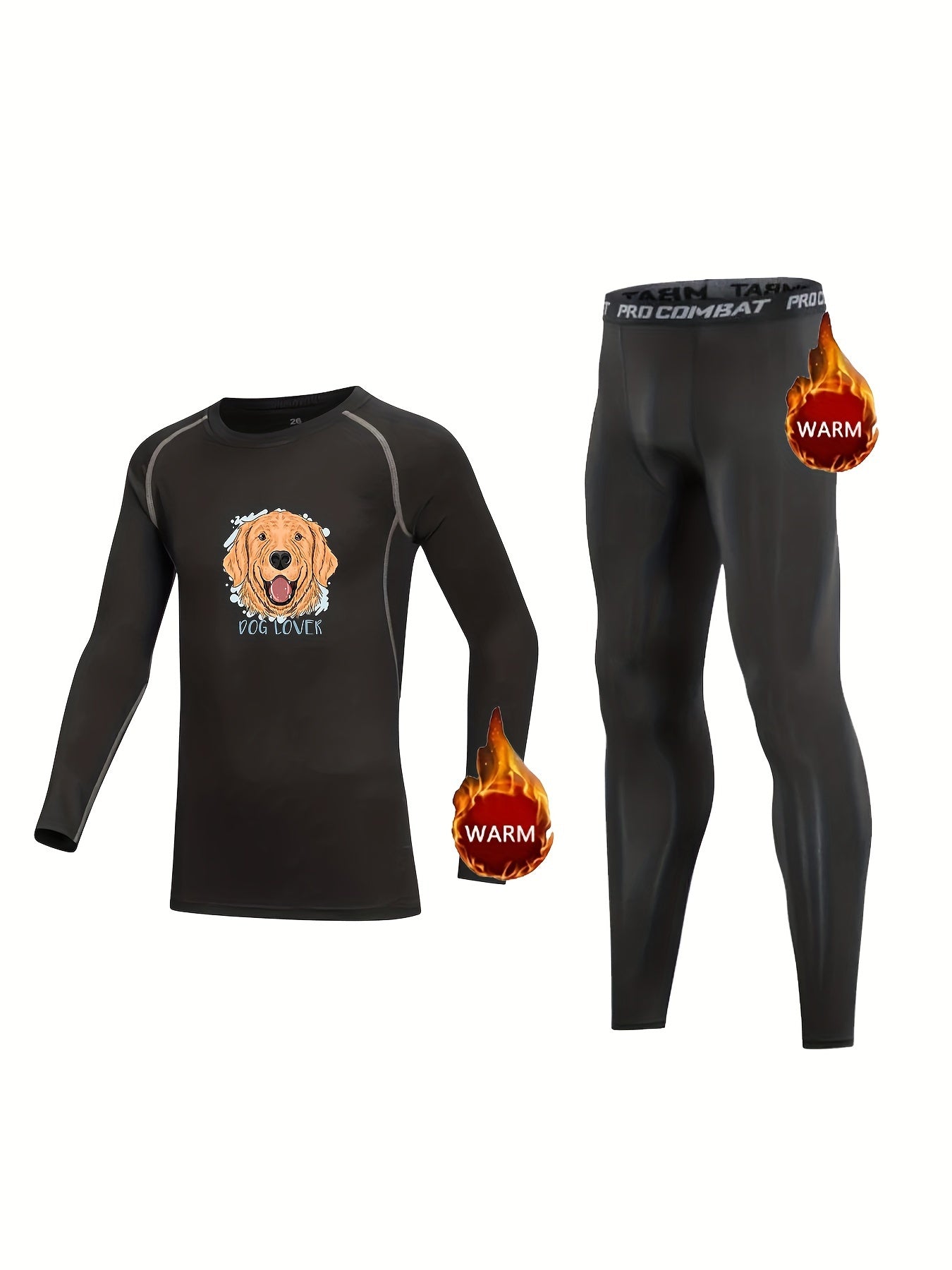 Kids Fleece Lined Compression Base Set Puppy Print Long Sleeve Shirt & Leggings