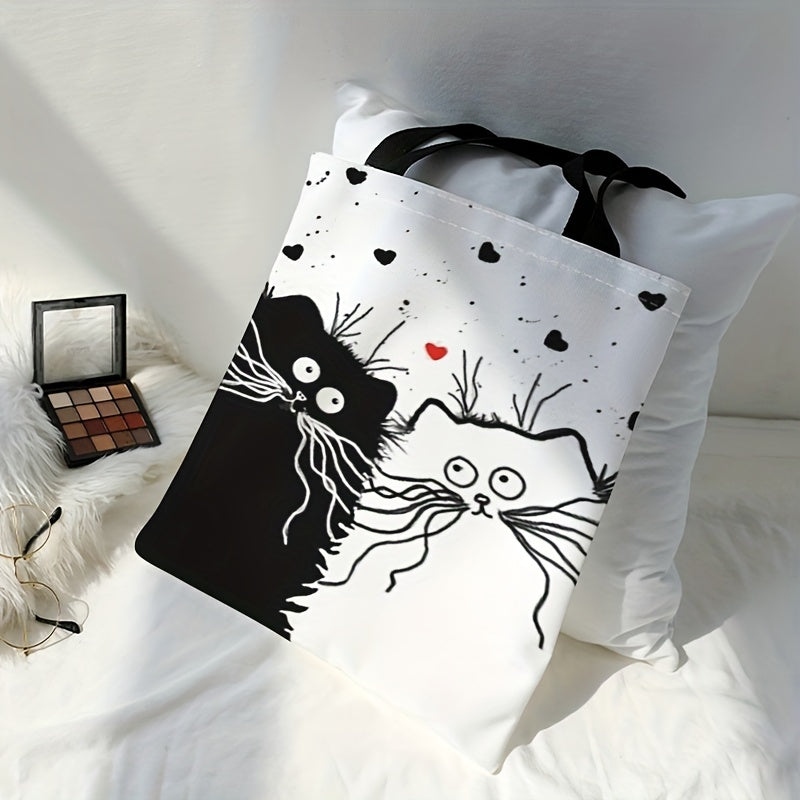 Cat Print Canvas Tote Bag Cartoon Travel Beach Shoulder Bag