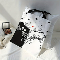 Cat Print Canvas Tote Bag Cartoon Travel Beach Shoulder Bag