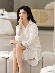 Solid Buttons Nightdress Long Sleeve V Neck Sleep Dress Women's Sleepwear