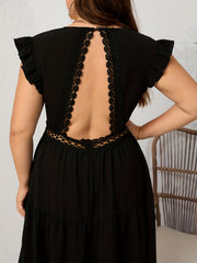 Plus Size V Neck Lace Ruffle Sleeve Stretch Dress
