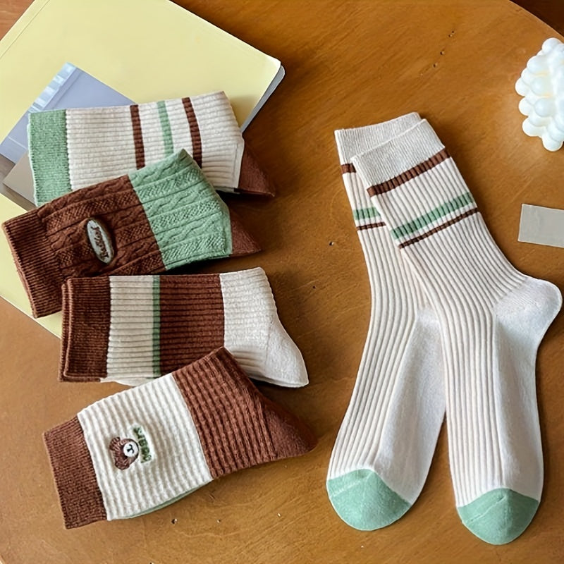 5 Pairs Colorblock Striped Socks Comfy & Breathable Women's Mid Tube Stockings