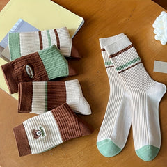 5 Pairs Colorblock Striped Socks Comfy & Breathable Women's Mid Tube Stockings