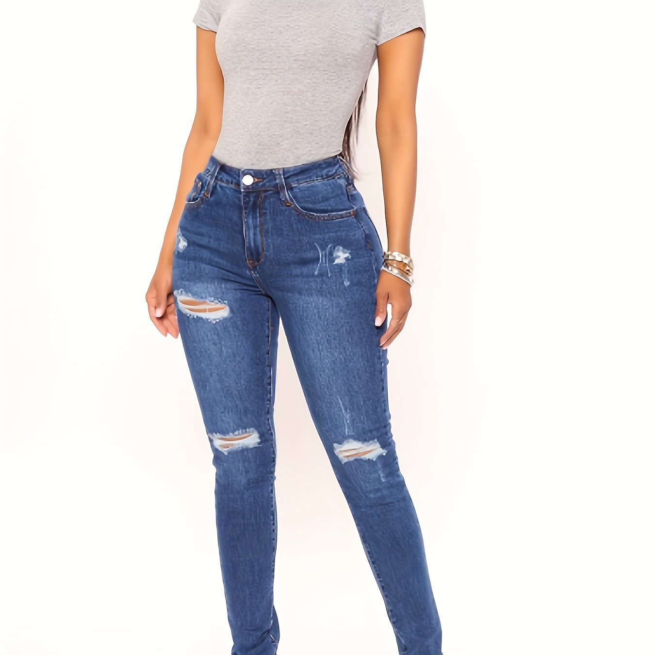 Ripped Holes Skinny Jeans Slim Fit Mid Stretch Versatile Denim Pants