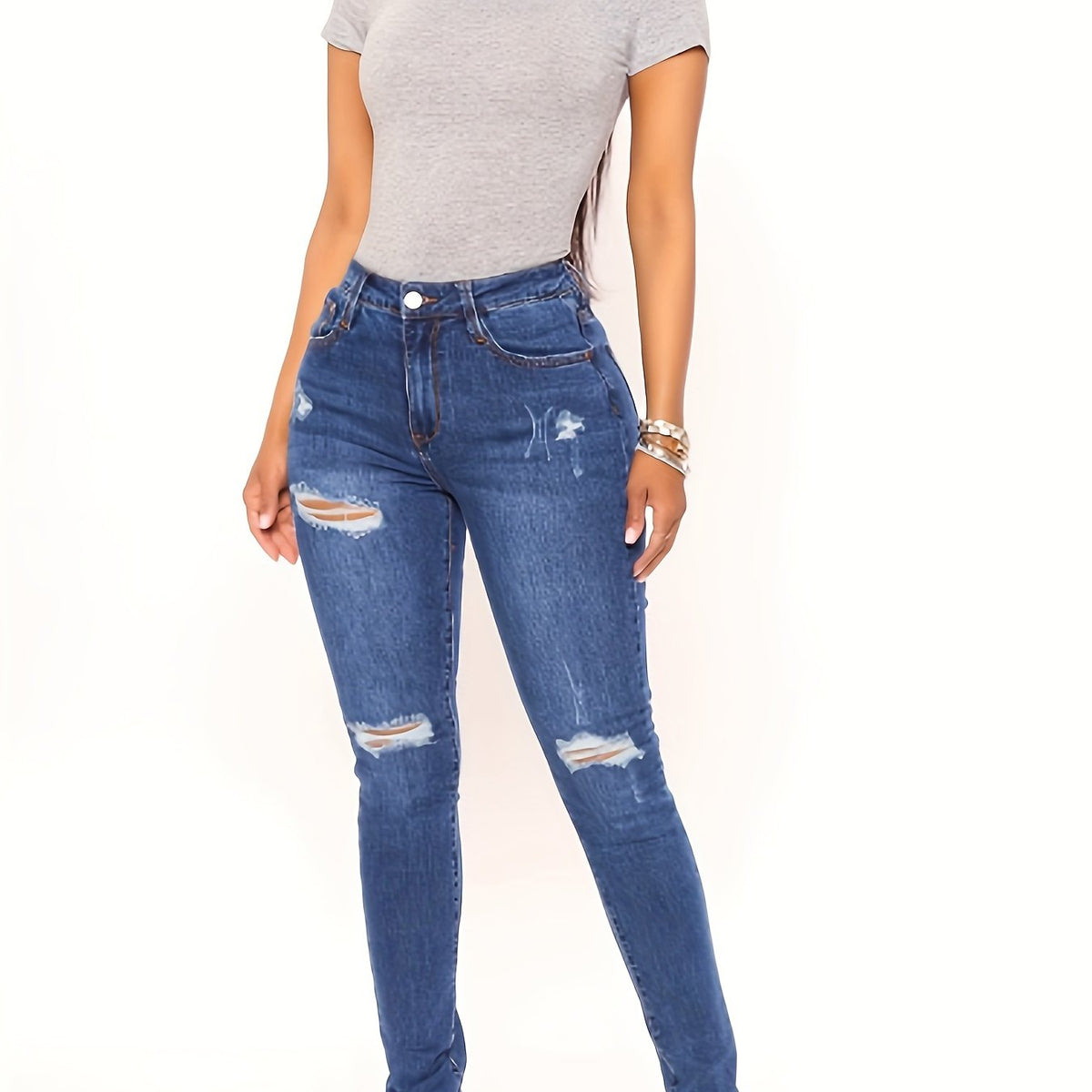 Ripped Holes Skinny Jeans Slim Fit Mid Stretch Versatile Denim Pants