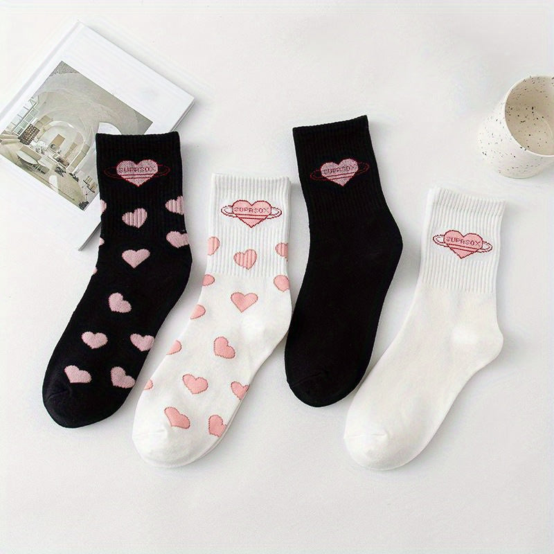 Heart Print Socks 4 Pairs Women's Stockings