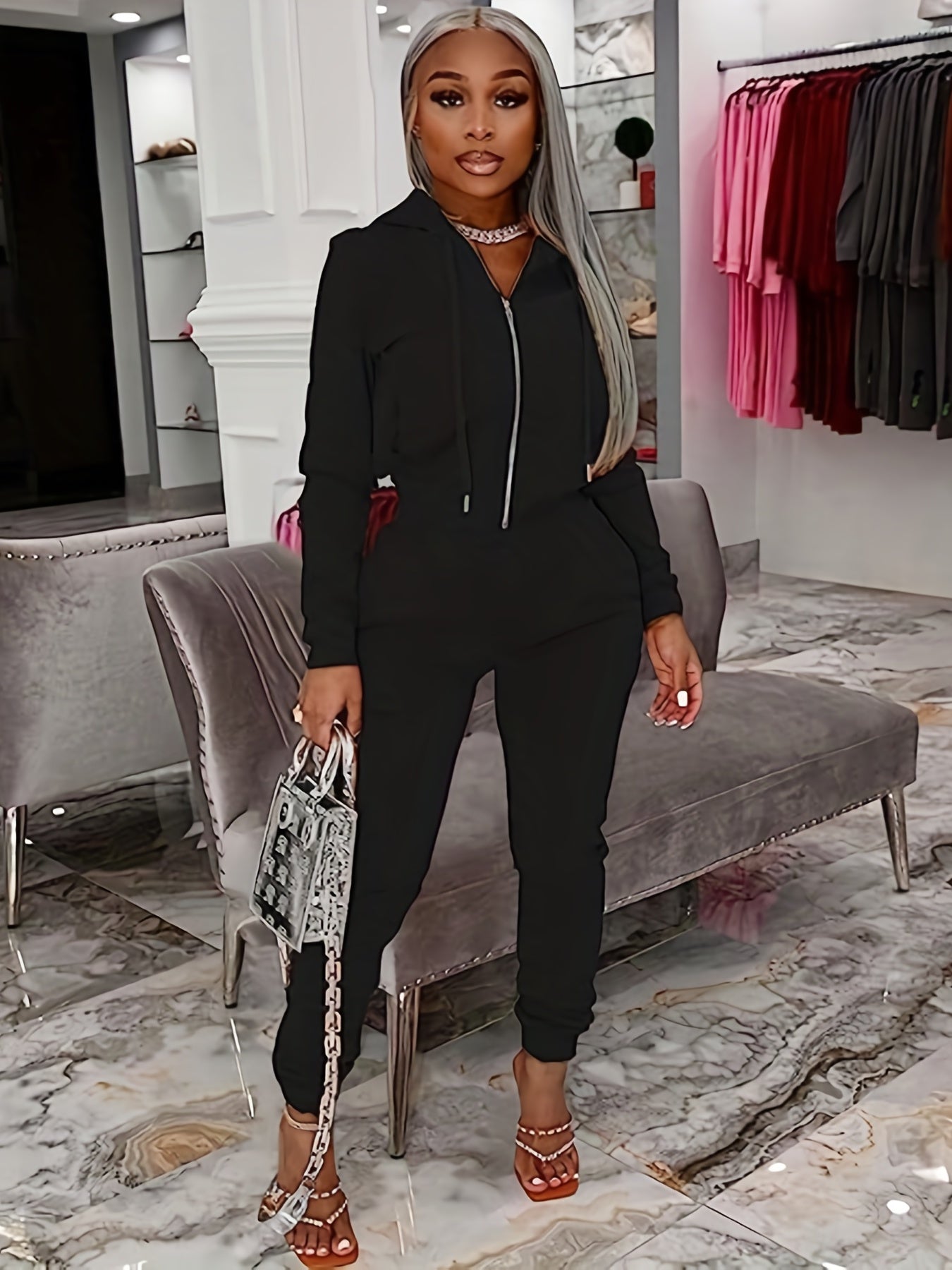 Women's Plus Zipper Long Sleeve Coat & Pants Set